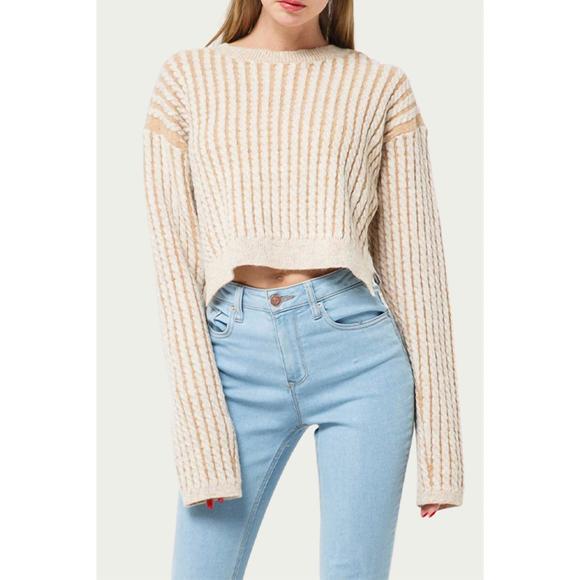 NEW FORE cropped cable-knit striped sweater in light brown - Picture 1 of 2